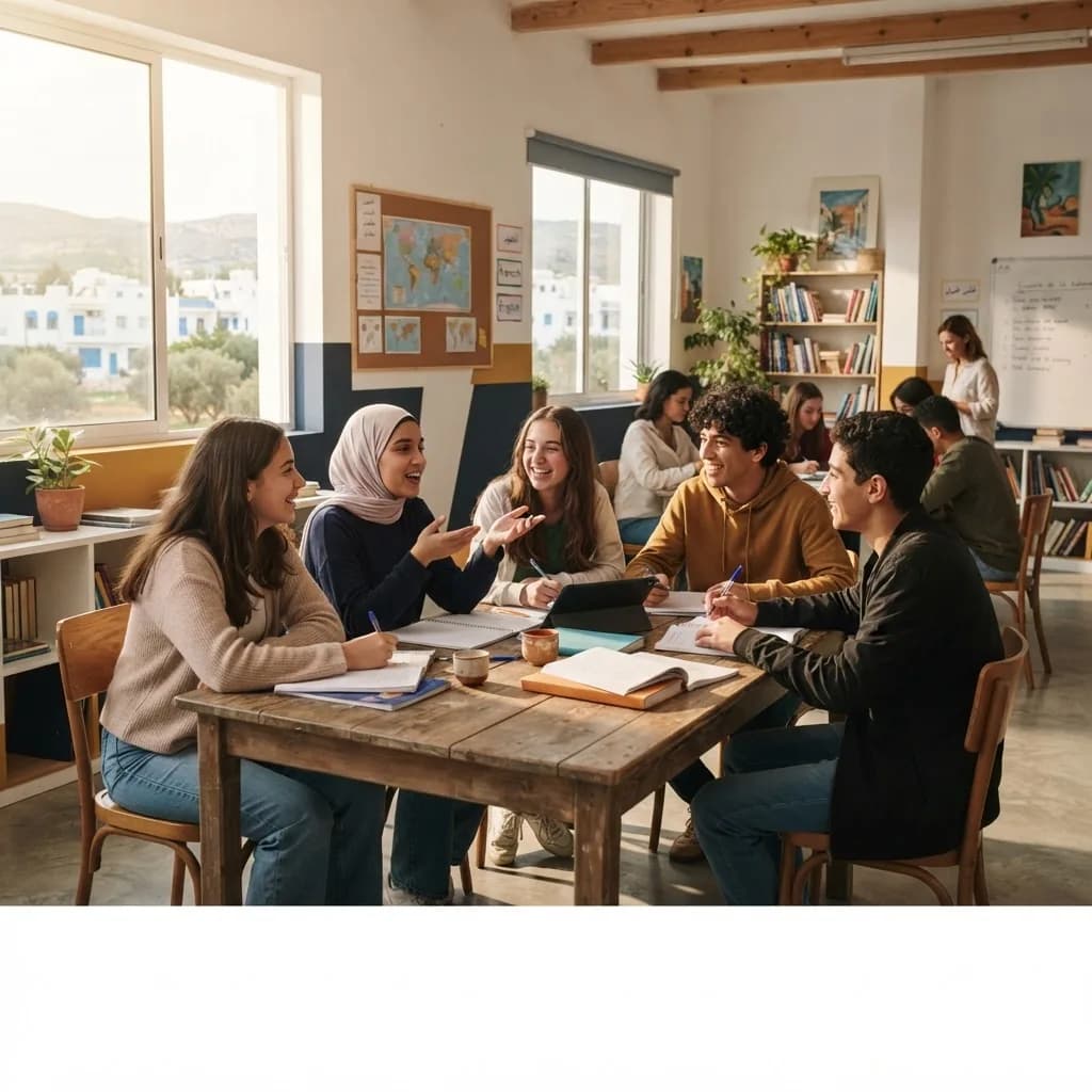 Des élèves échangent dans une salle de langues